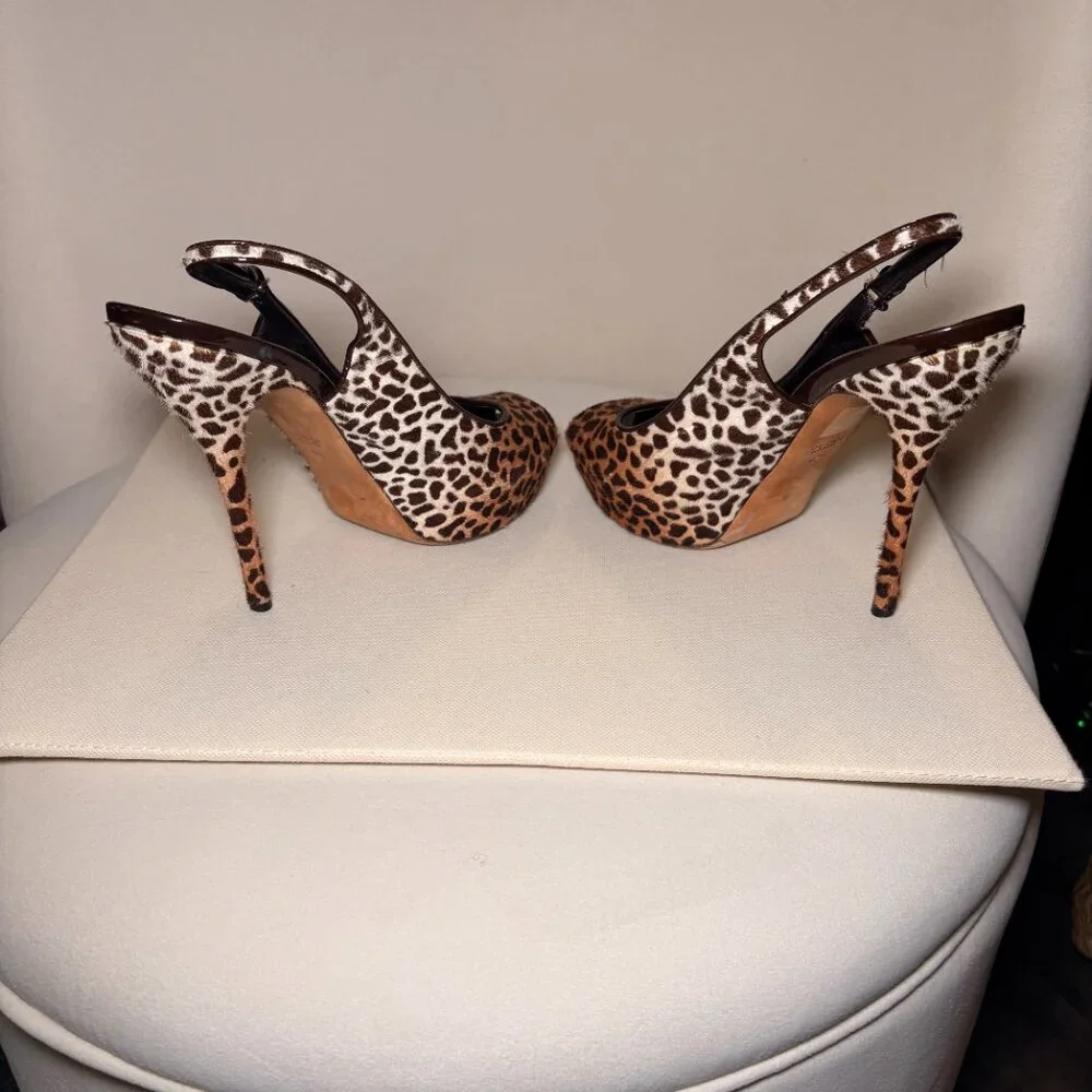 GUCCI Sofia Platform Peep Toe Slingback Pumps, Leopard Print Calf Hair, Sz 40